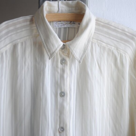 Vintage Silk Sheer Stripe Button Down Shirt _ Cream Silk Long Sleeve Women - Picture 2 of 9